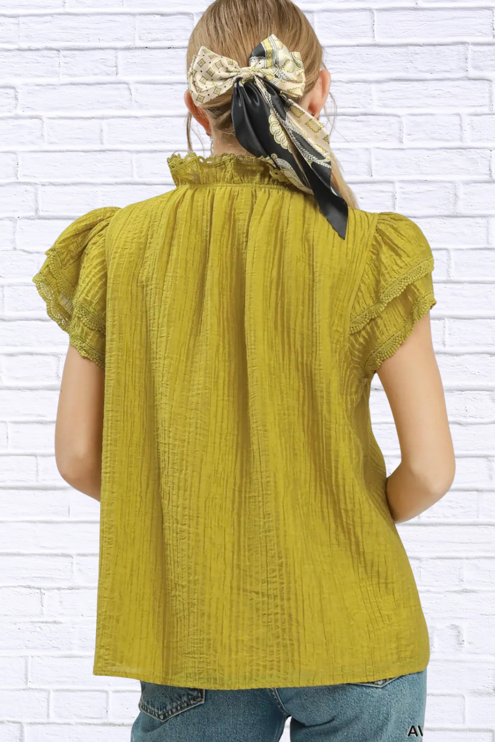Umgee Lace Trim Ruffle Top for Women – Avocado