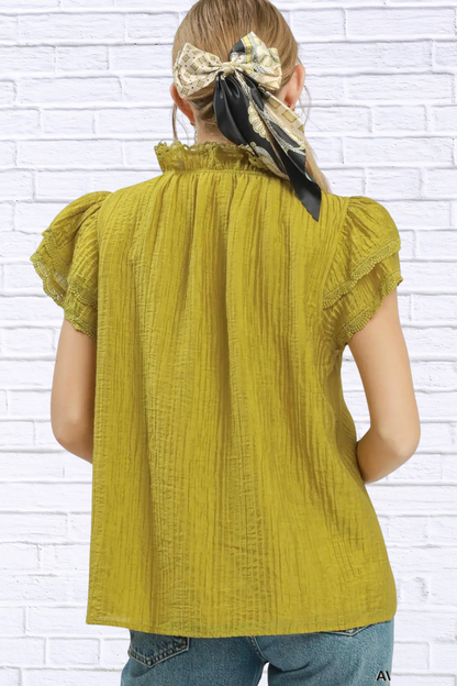 Umgee Lace Trim Ruffle Top for Women – Avocado