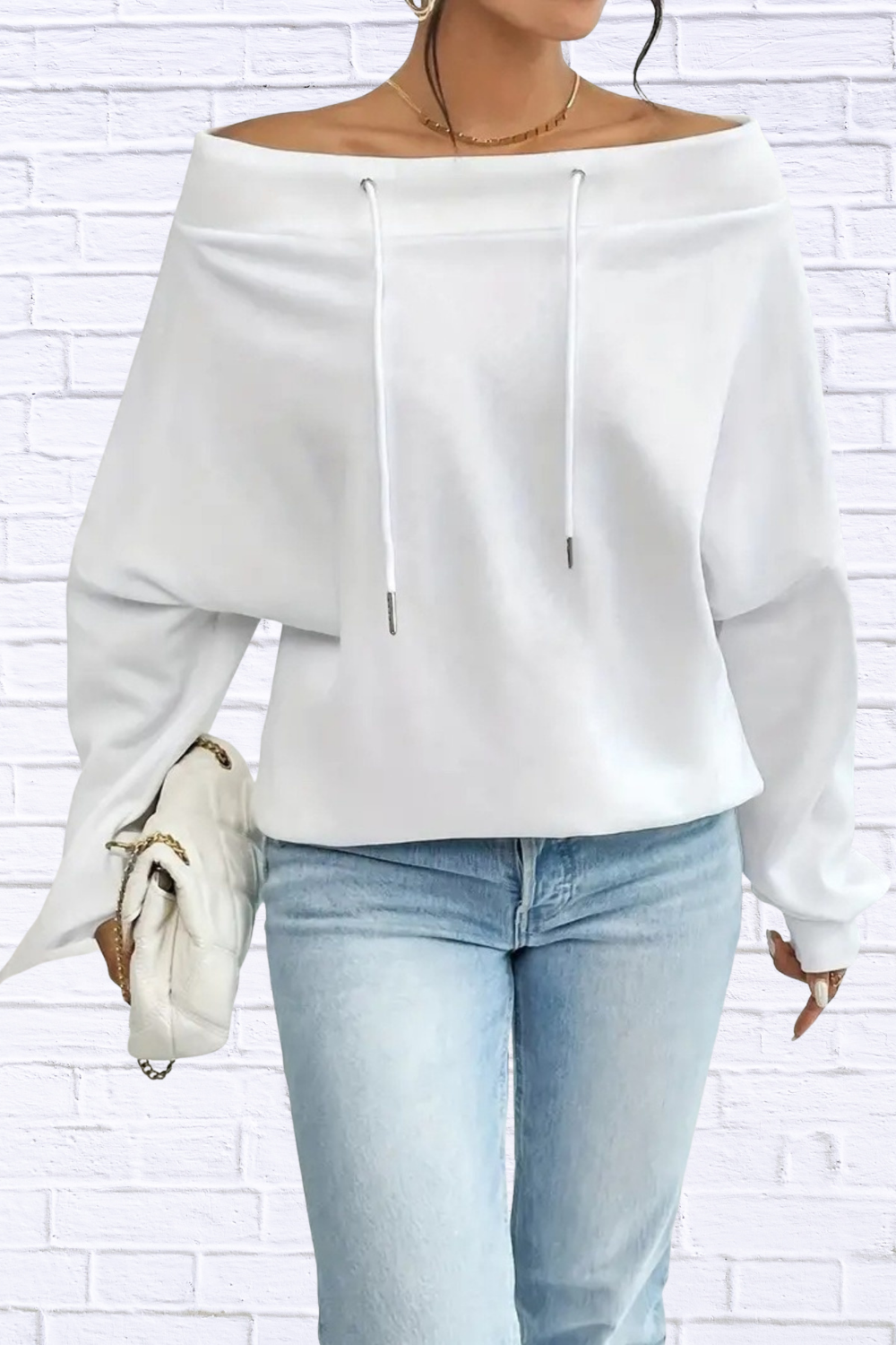 Off-Shoulder Drawstring Sweatshirt