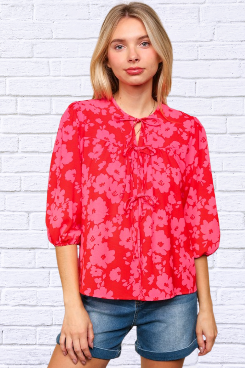 Full Size Ribbon Bow Floral Balloon Sleeve Blouse