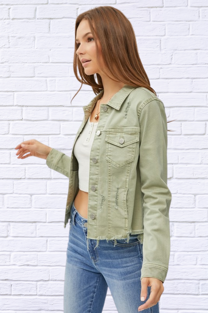Full Size Raw Hem Button Up Cropped Denim Jacket Plus Size