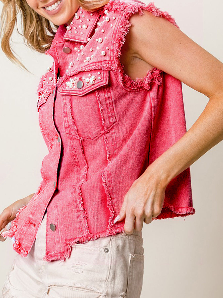 Blue Zone Planet | Beaded Sleeveless Buttoned Denim Top