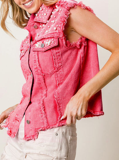 Blue Zone Planet | Beaded Sleeveless Buttoned Denim Top