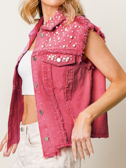 Blue Zone Planet | Beaded Sleeveless Buttoned Denim Top