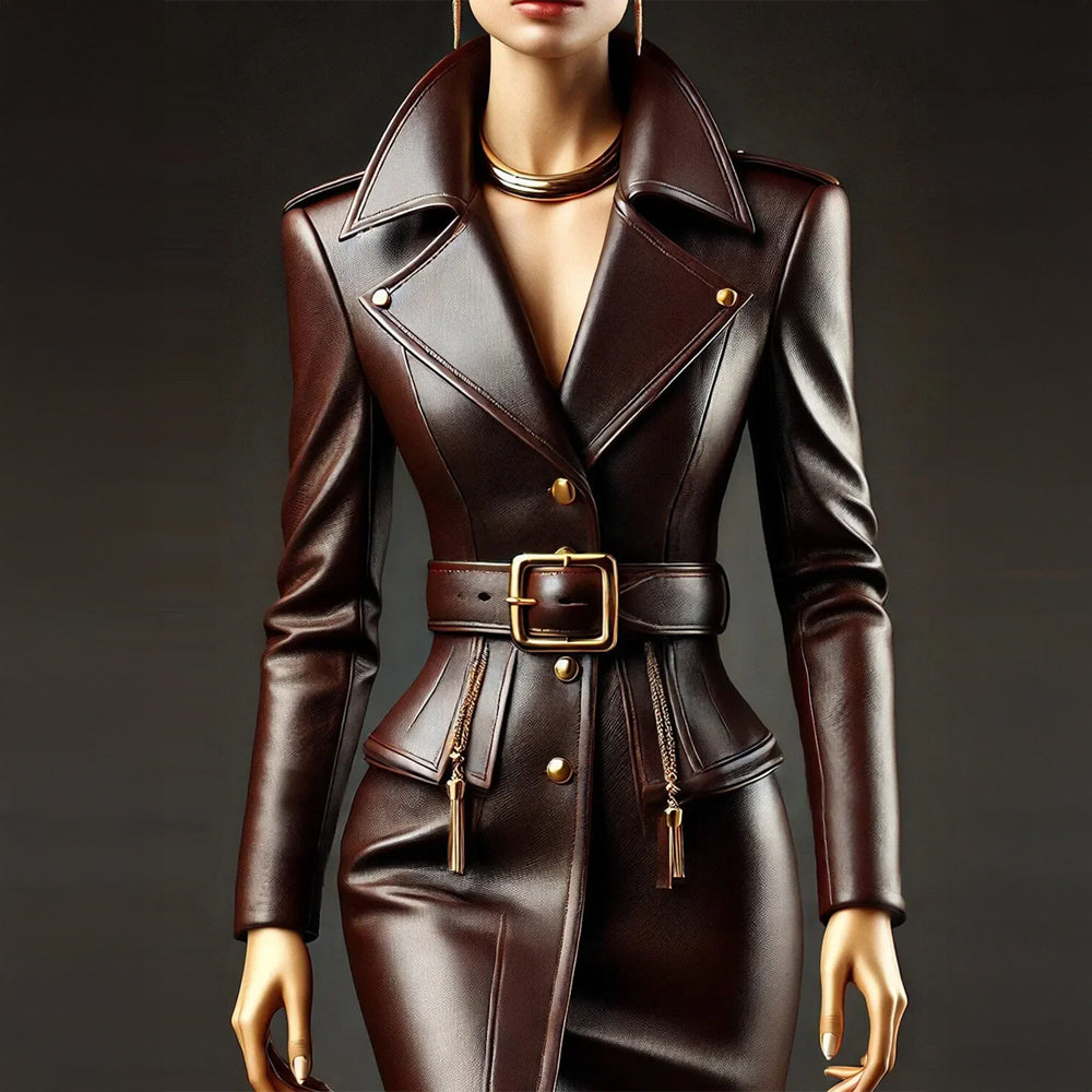 Belted Leather Double Breasted Dress Coat