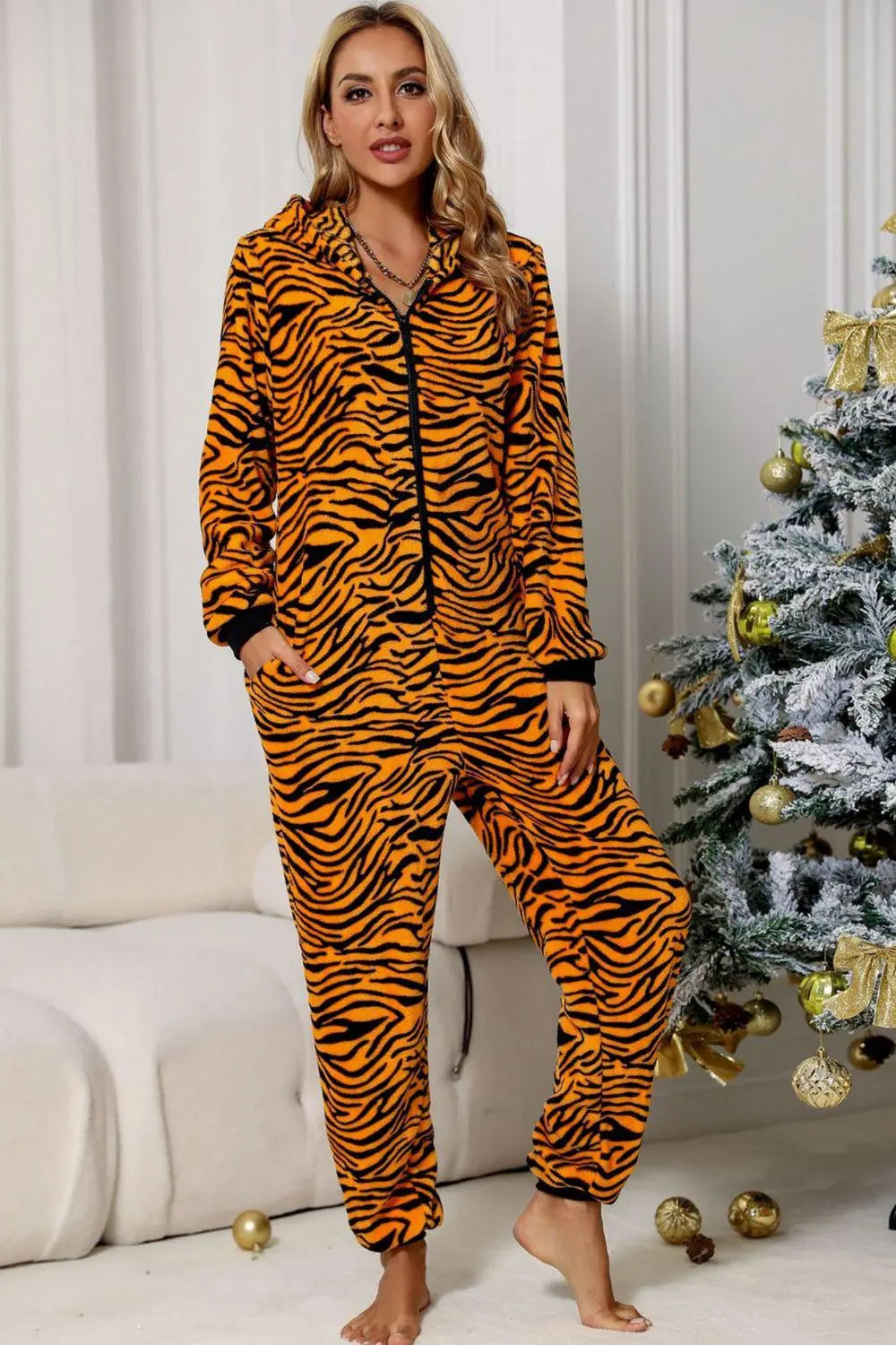 Blue Zone Planet | Animal Print Zip-Up Hooded Flannel Jumpsuit with Pockets