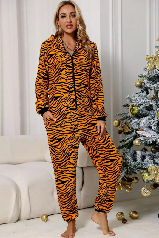 Blue Zone Planet | Animal Print Zip-Up Hooded Flannel Jumpsuit with Pockets