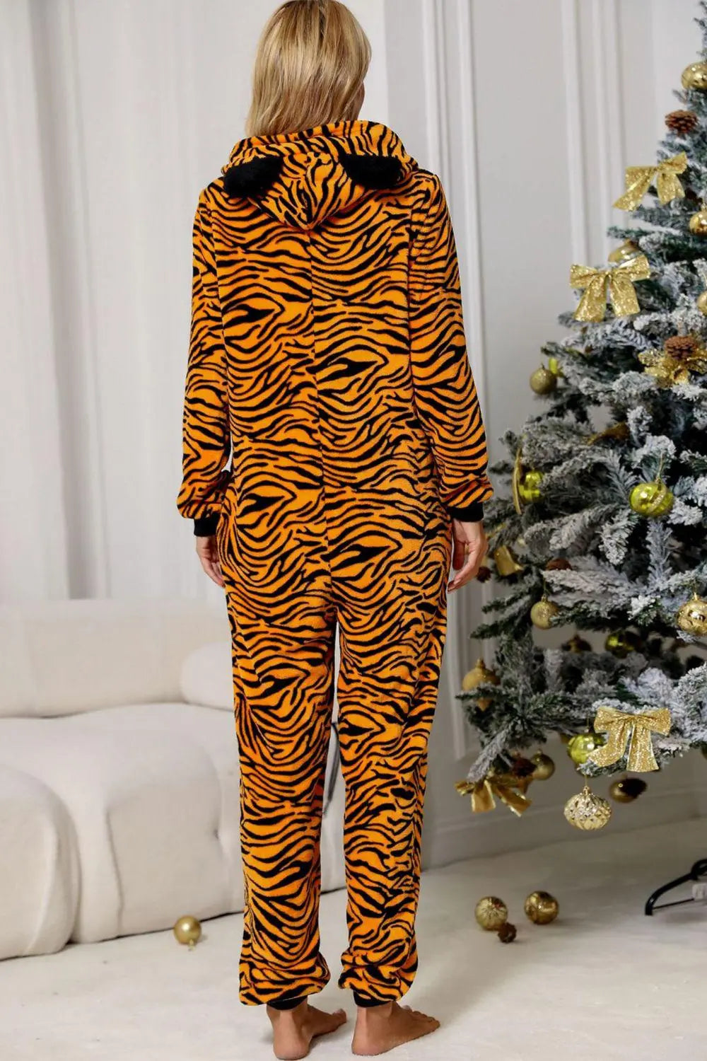 Blue Zone Planet | Animal Print Zip-Up Hooded Flannel Jumpsuit with Pockets