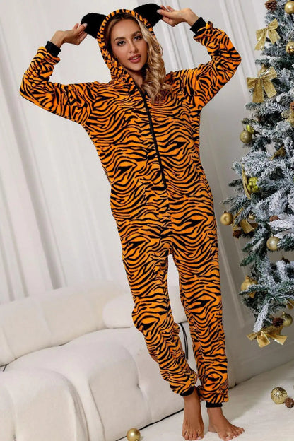 Blue Zone Planet | Animal Print Zip-Up Hooded Flannel Jumpsuit with Pockets