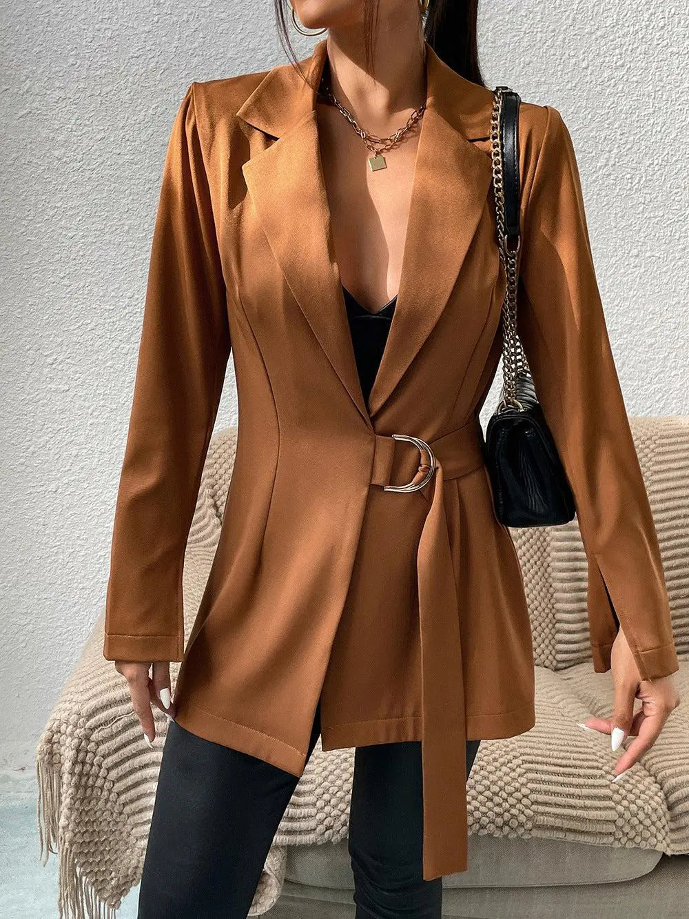 Blue Zone Planet | Belted Slit-Cuff Longline Blazer