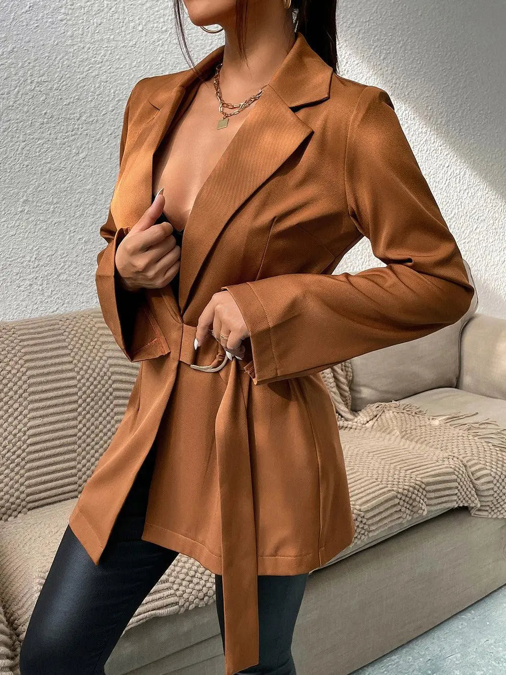 Blue Zone Planet | Belted Slit-Cuff Longline Blazer
