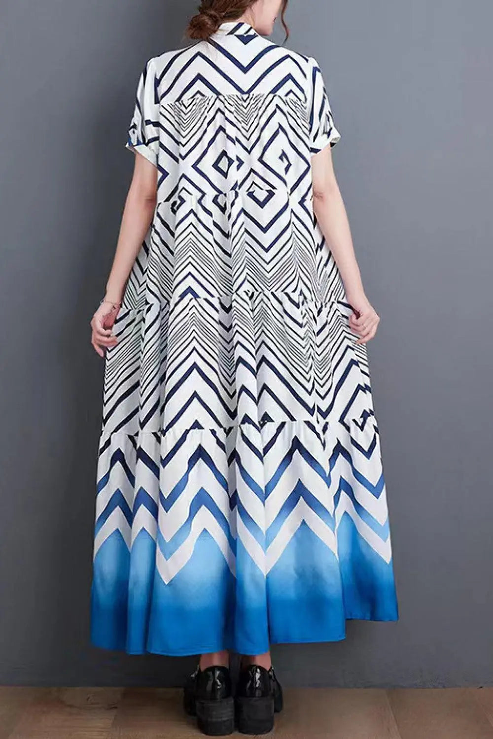 Blue Zone Planet | Chevron Stripe Puff Sleeve Tiered Maxi Dress