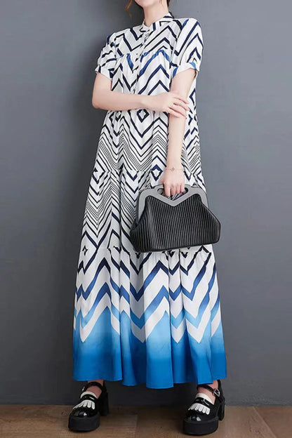 Blue Zone Planet | Chevron Stripe Puff Sleeve Tiered Maxi Dress