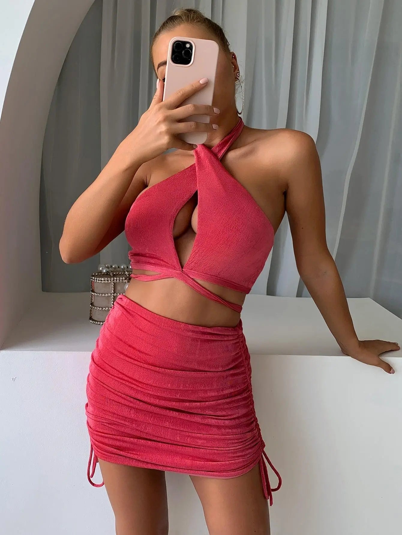 Blue Zone Planet | Halter Neck Cropped Top and Drawstring Ruched Skirt Set