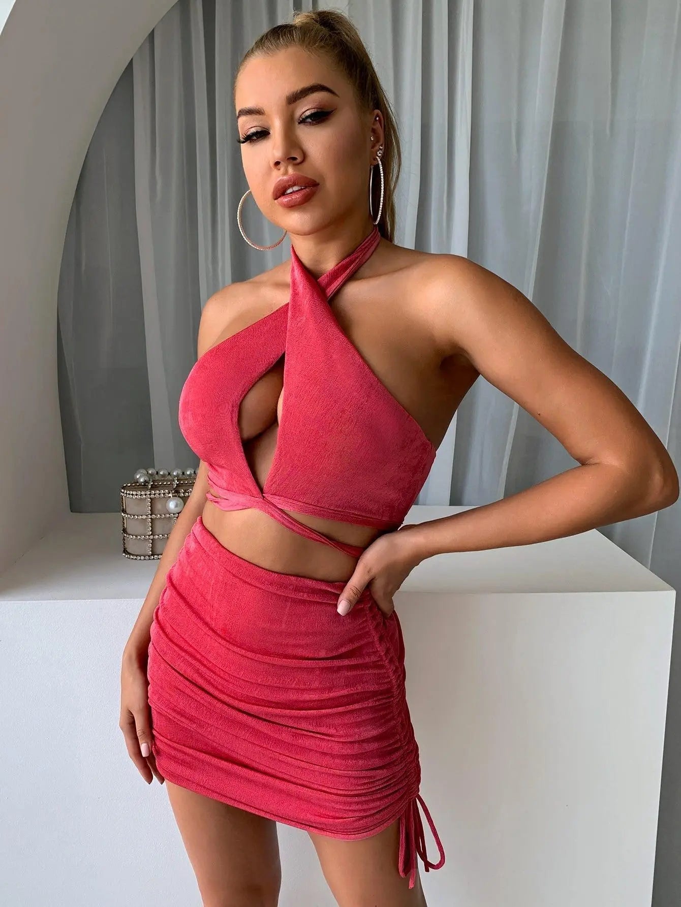 Blue Zone Planet | Halter Neck Cropped Top and Drawstring Ruched Skirt Set