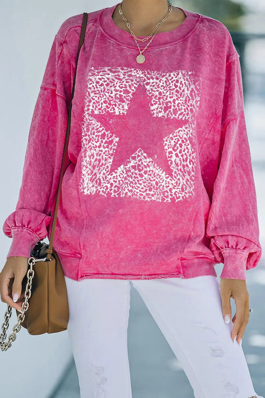 Blue Zone Planet | Leopard Star Graphic Dropped Shoulder Sweatshirt