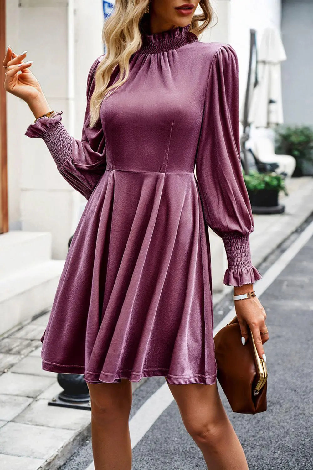 Blue Zone Planet | Mock Neck Lantern Sleeve Mini Dress