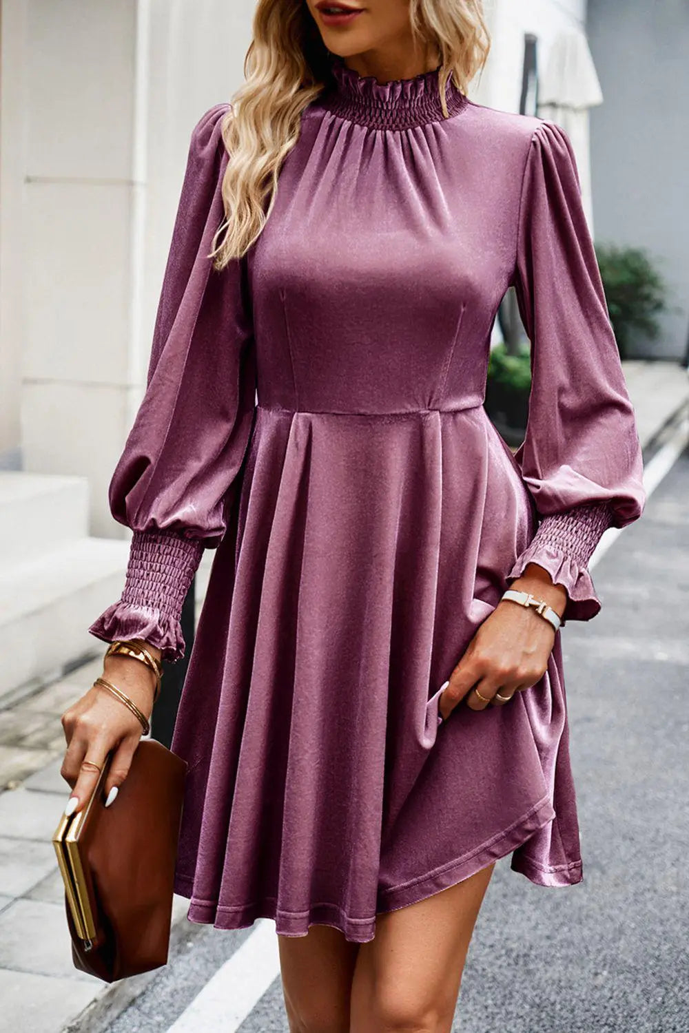 Blue Zone Planet | Mock Neck Lantern Sleeve Mini Dress
