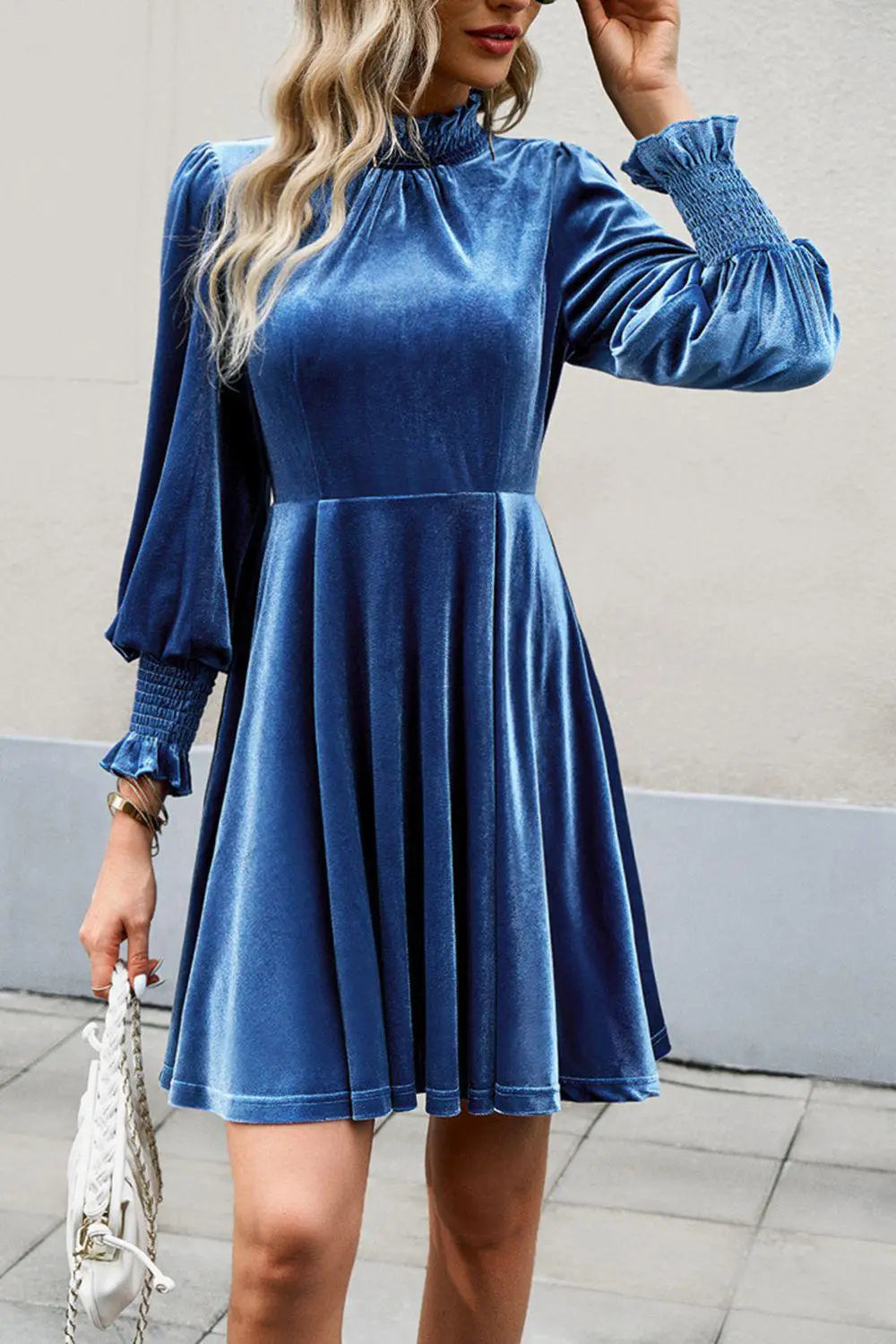 Blue Zone Planet | Mock Neck Lantern Sleeve Mini Dress