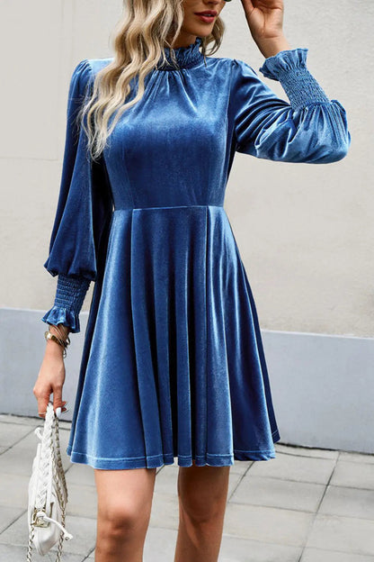 Blue Zone Planet | Mock Neck Lantern Sleeve Mini Dress