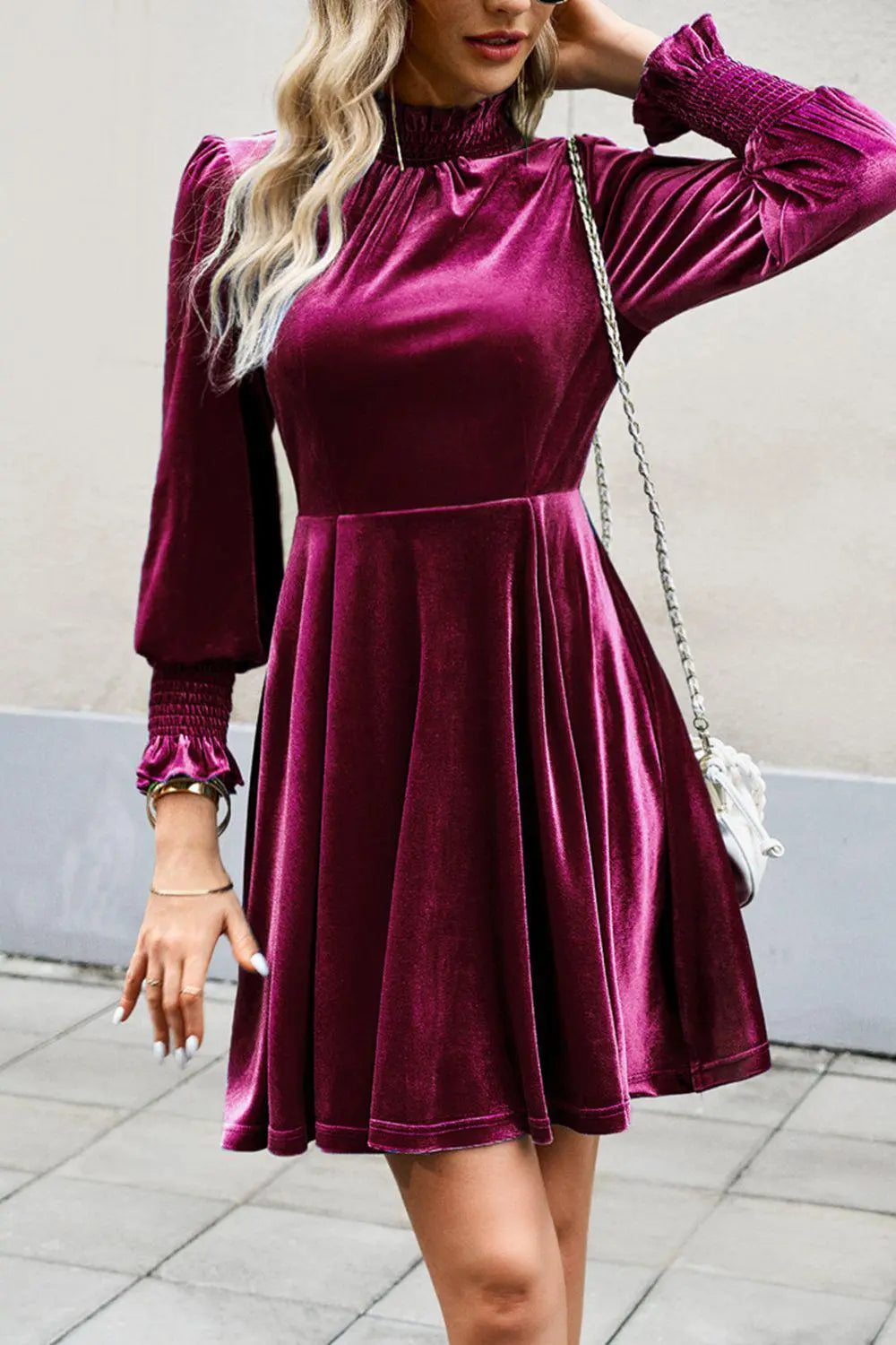 Blue Zone Planet | Mock Neck Lantern Sleeve Mini Dress