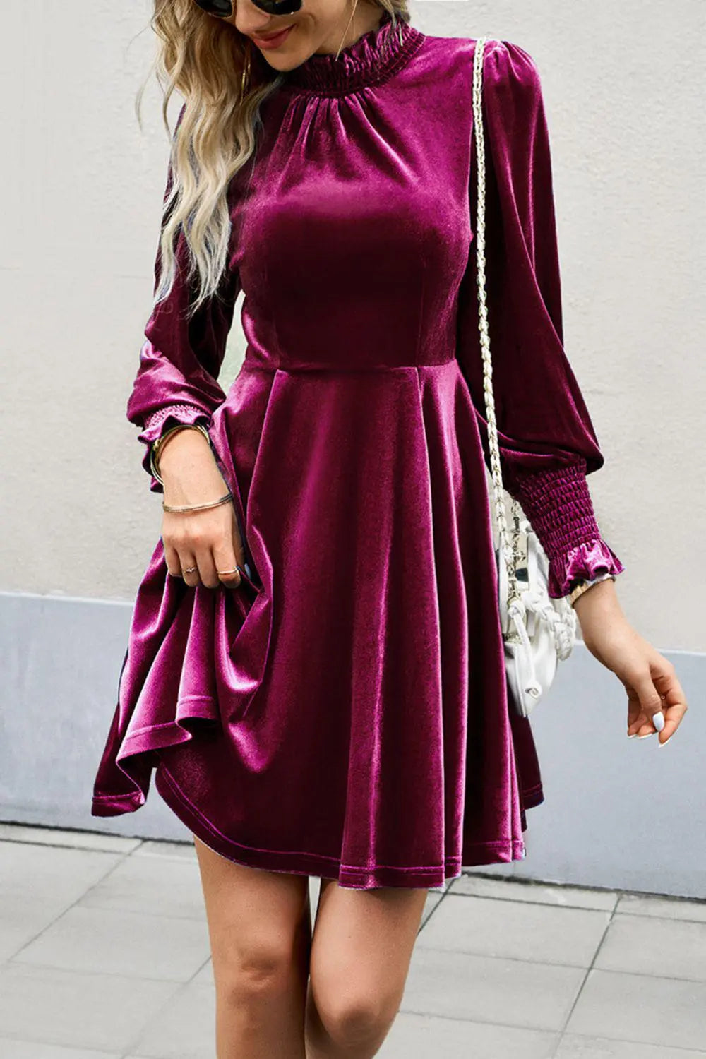 Blue Zone Planet | Mock Neck Lantern Sleeve Mini Dress