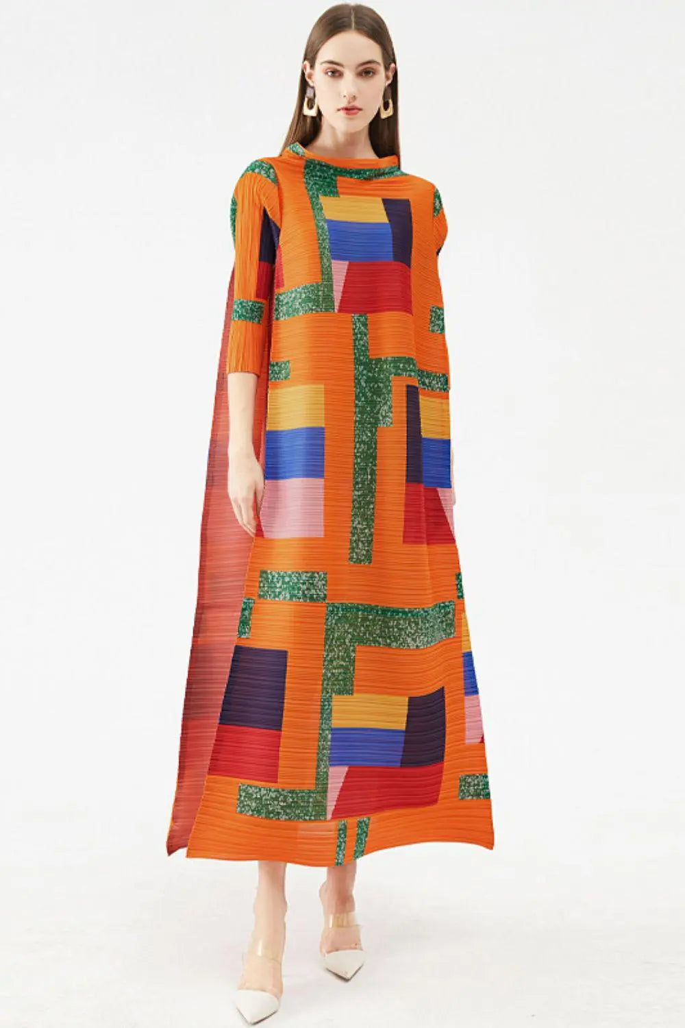 Blue Zone Planet | Multicolored Mock Neck Accordion Pleated Maxi Dress