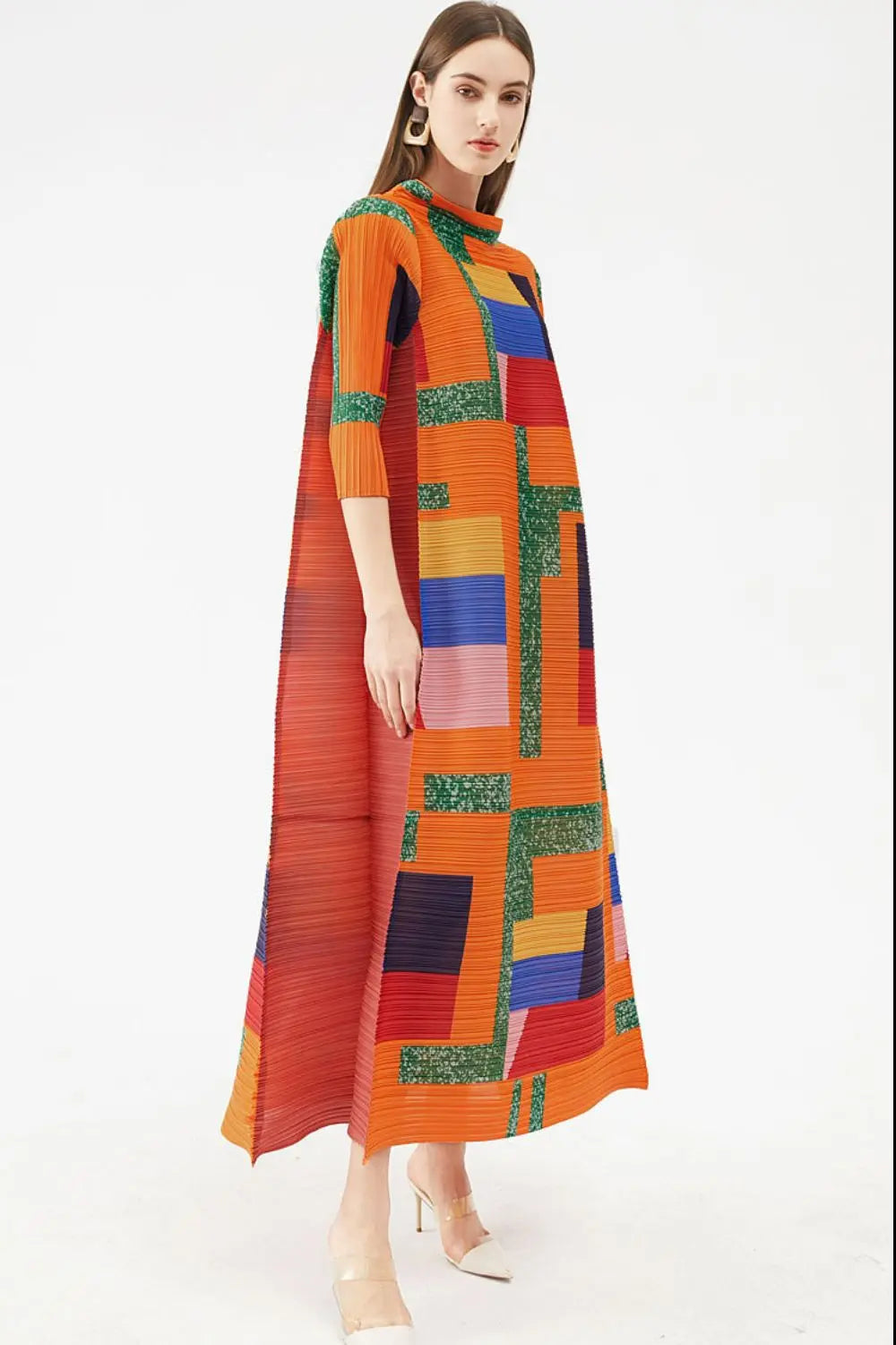 Blue Zone Planet | Multicolored Mock Neck Accordion Pleated Maxi Dress