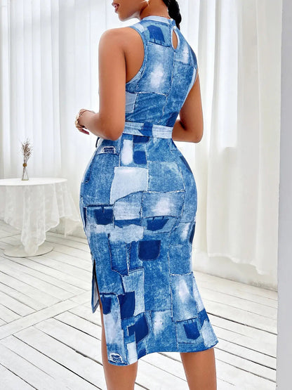 Blue Zone Planet | Patchwork Tie Waist Sleeveless Dress