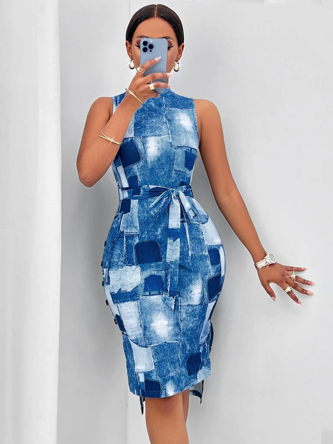 Blue Zone Planet | Patchwork Tie Waist Sleeveless Dress