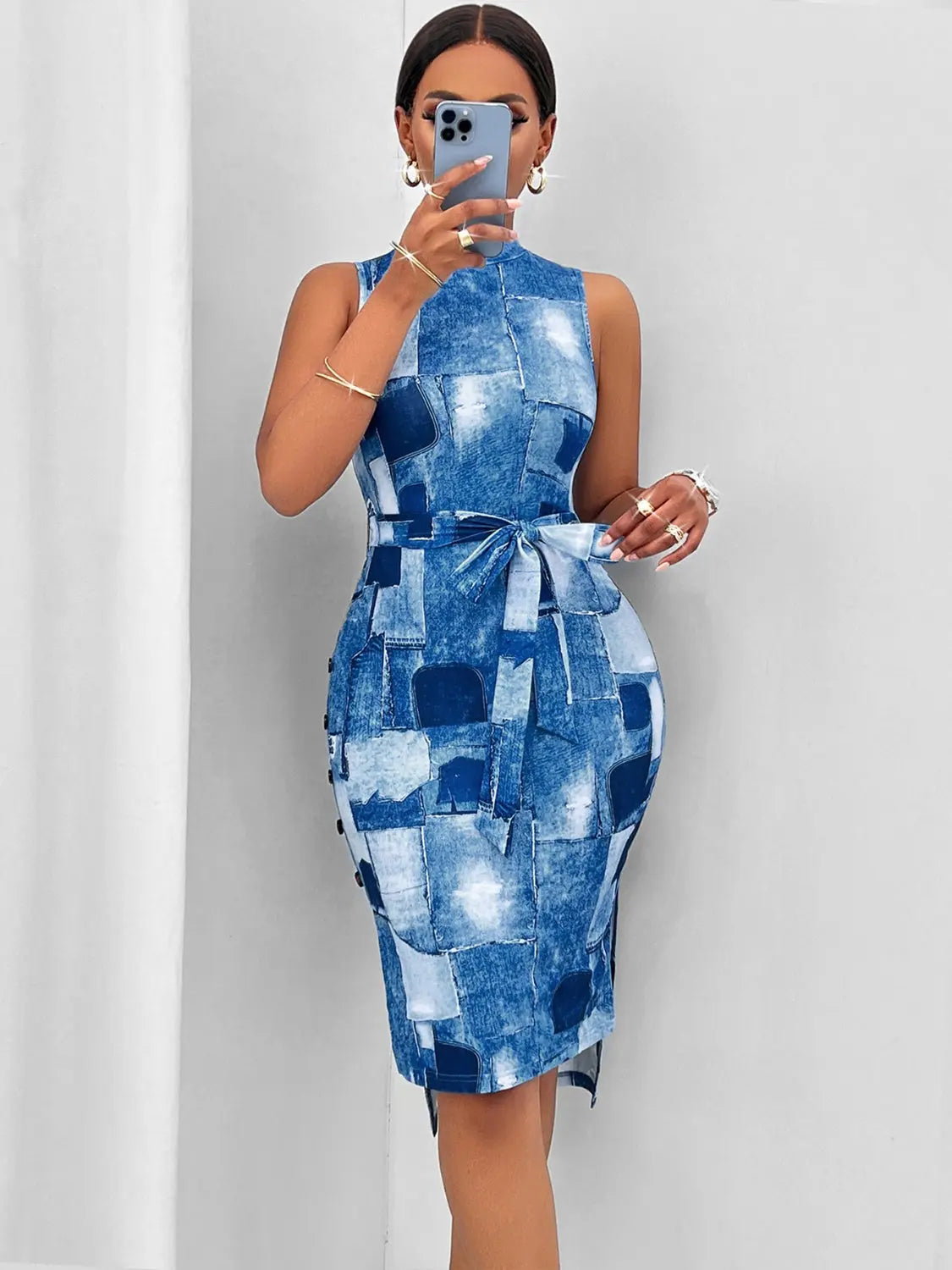 Blue Zone Planet | Patchwork Tie Waist Sleeveless Dress