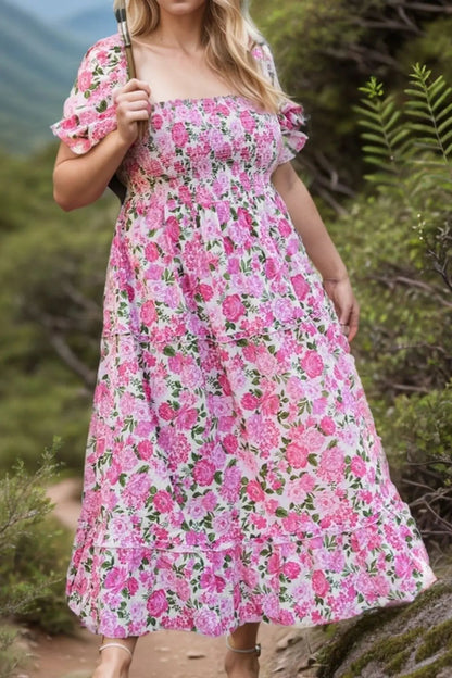 Blue Zone Planet | Plus Size Smocked Printed Square Neck Short Sleeve Dress