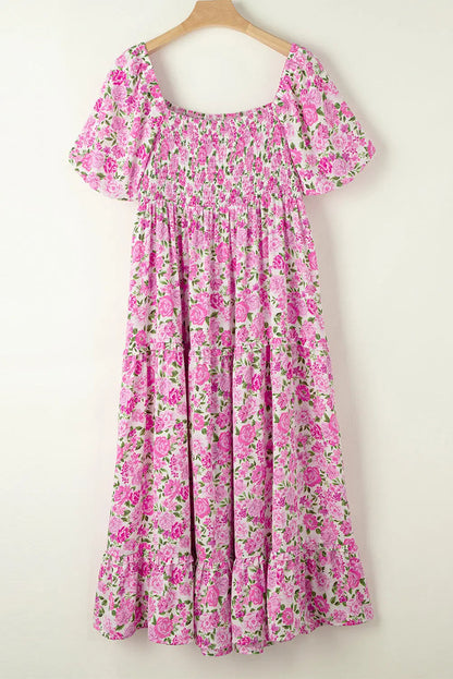 Blue Zone Planet | Plus Size Smocked Printed Square Neck Short Sleeve Dress