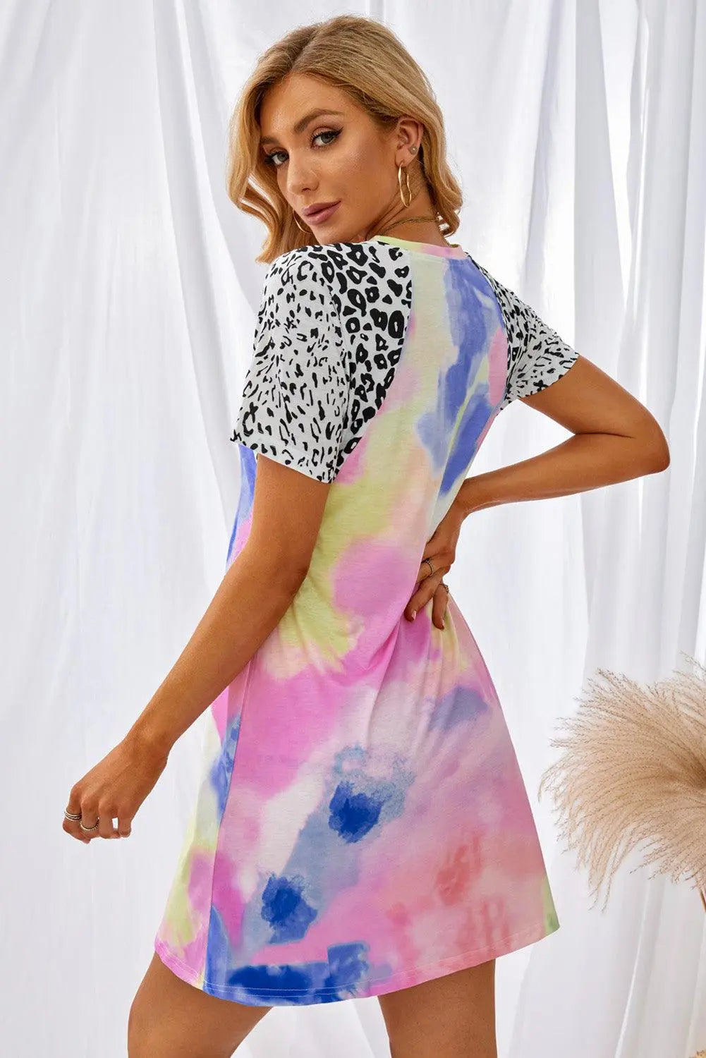 Blue Zone Planet | Tie-Dye Leopard Short Raglan Sleeve T-Shirt Dress