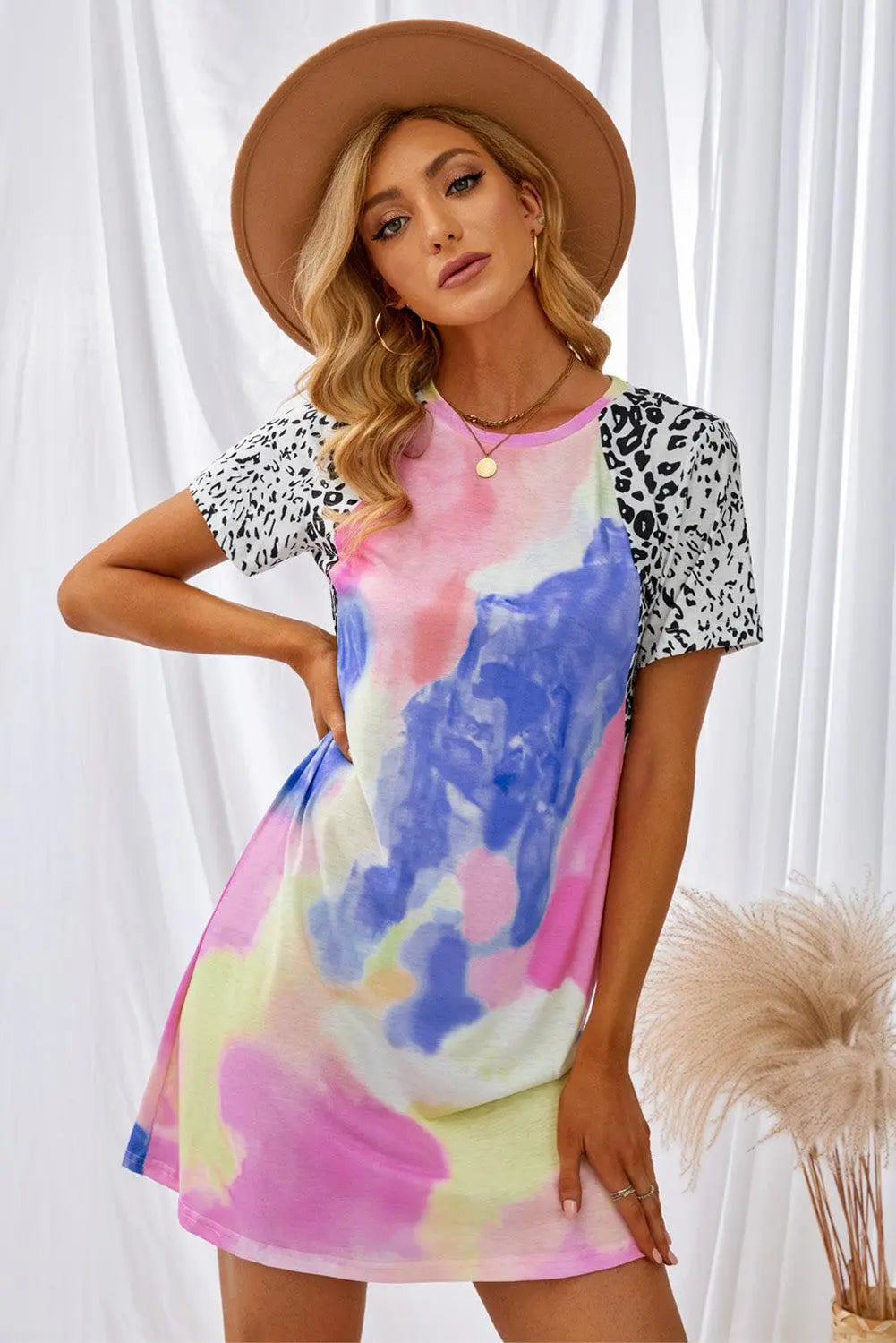 Blue Zone Planet | Tie-Dye Leopard Short Raglan Sleeve T-Shirt Dress