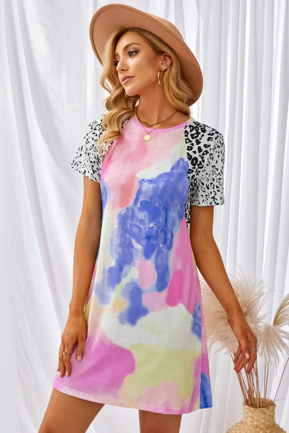Blue Zone Planet | Tie-Dye Leopard Short Raglan Sleeve T-Shirt Dress
