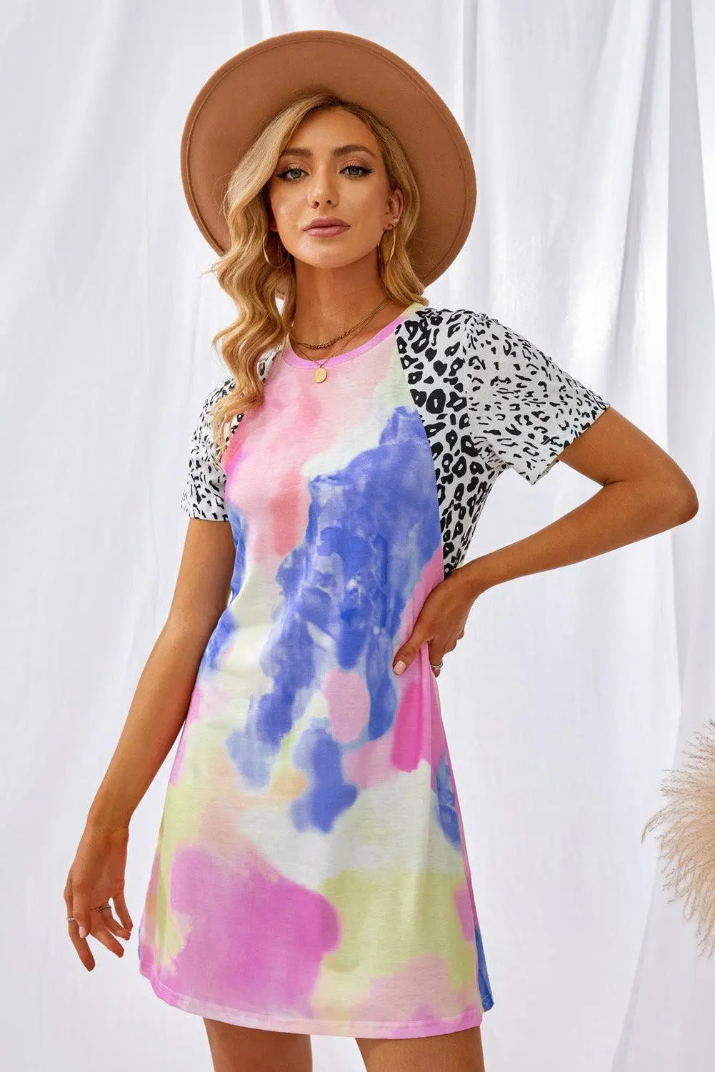 Blue Zone Planet | Tie-Dye Leopard Short Raglan Sleeve T-Shirt Dress