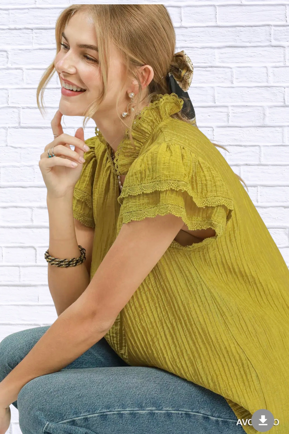 Umgee Lace Trim Ruffle Top for Women – Avocado