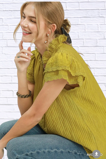 Umgee Lace Trim Ruffle Top for Women – Avocado