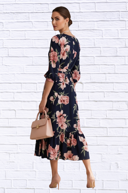 🌸 Navy Floral Midi Dress with Belt and Side Pockets