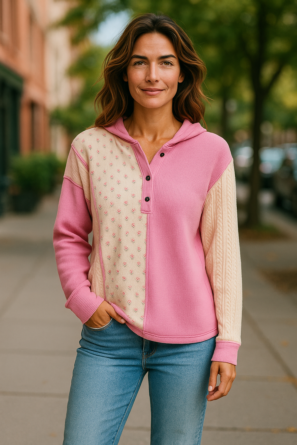 Color Block Button Detail Hoodie