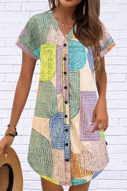 Geometric V-Neck Short Sleeve Button-Front Dress