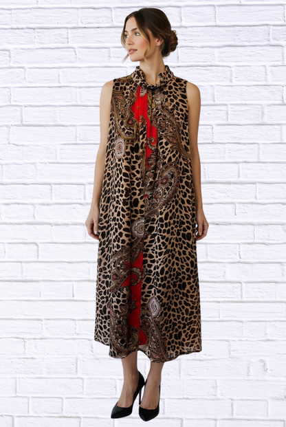 Animal and Paisley Print Sleeveless Maxi Dress – High Neck Bow Detail Flowy Woven Dress