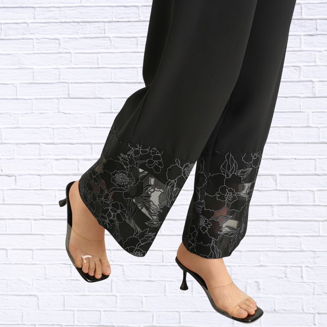 Floral Lace Hem Wide Leg Pants