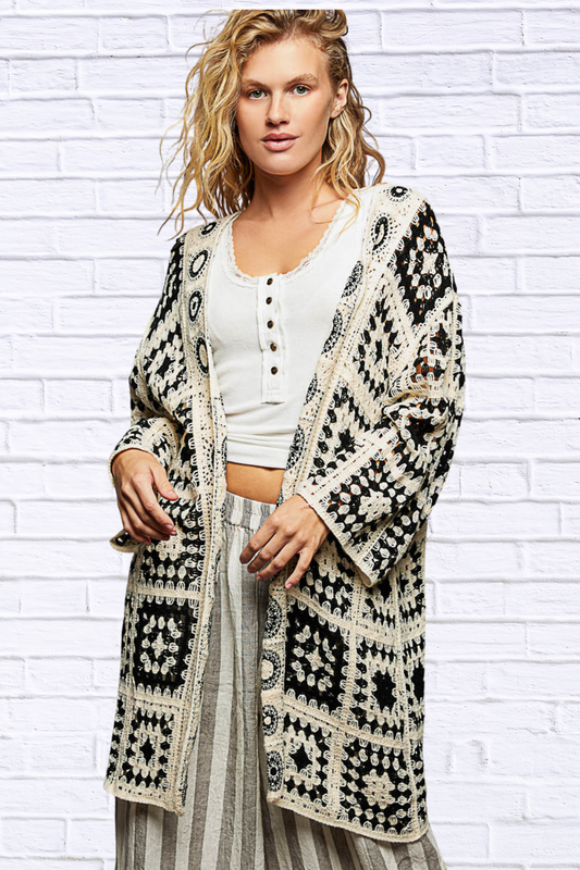 Open Front Crochet Cardigan with Granny Square Pattern