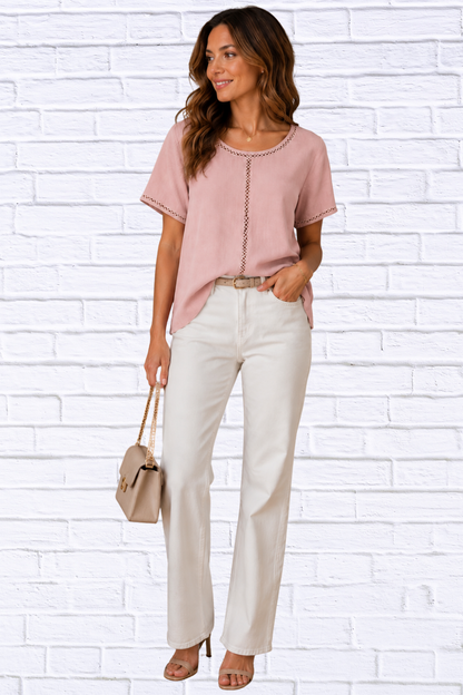 Lace Trim Blouse for Women | Boutique Top in Pink & Blue