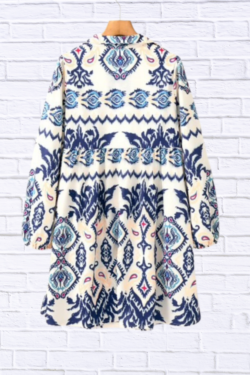 Blue Ethnic Print Striped Split Neck Mini Dress