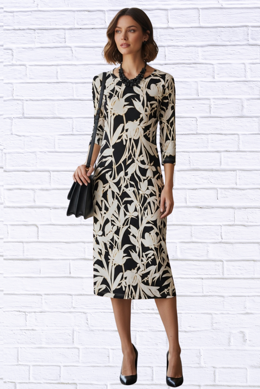 Black & Ivory Floral Knit Midi Dress – 3/4 Sleeve Stretch Bon Bon Dress