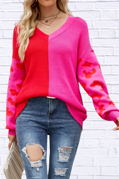 Color Block Leopard V-Neck Sweater