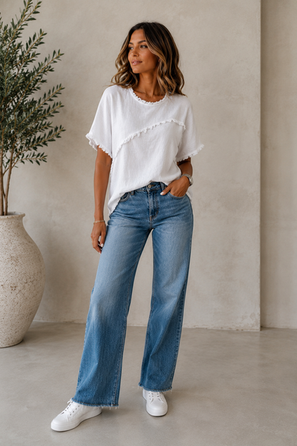 White Frayed Trim Top for Women | Boutique Casual Fashion